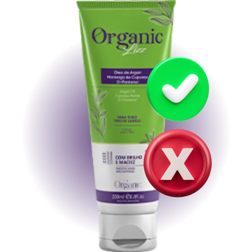 Frasco Organic Lizz com símbolos de prós e contra
