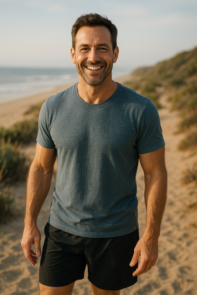 Homem saudável caminhando na praia, simbolizando energia e bem-estar masculino