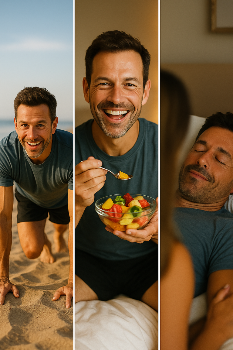 Homem cuidando da saúde com alimentação, exercício e suplementação natural